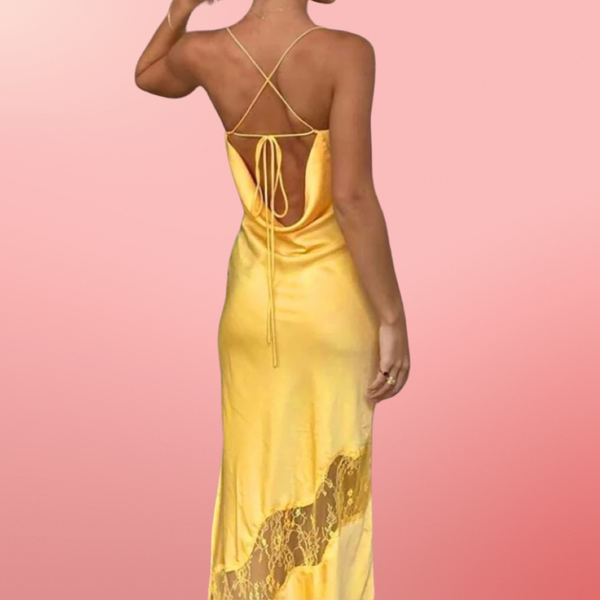 Yellow Satin Lace detail  Dress